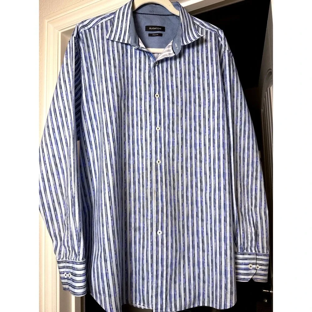 Bugatchi Shaped Fit Mens XL Blue Geometric Stripe Button Down Shirt Long Sleeve‎